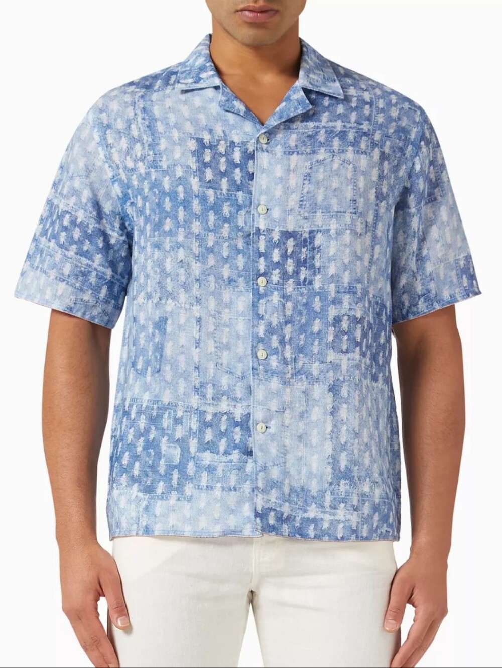 120% Lino Patchwork Effect Short Sleeve Button Up Blue Linen Shirt
